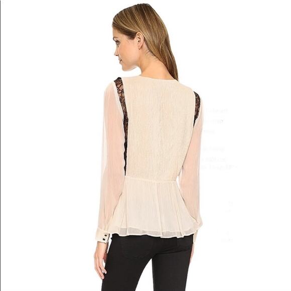 Alice + Olivia Elysia Lace Paneled Plisse-Georgette Off White/Black Peplum Top - Picture 11 of 12